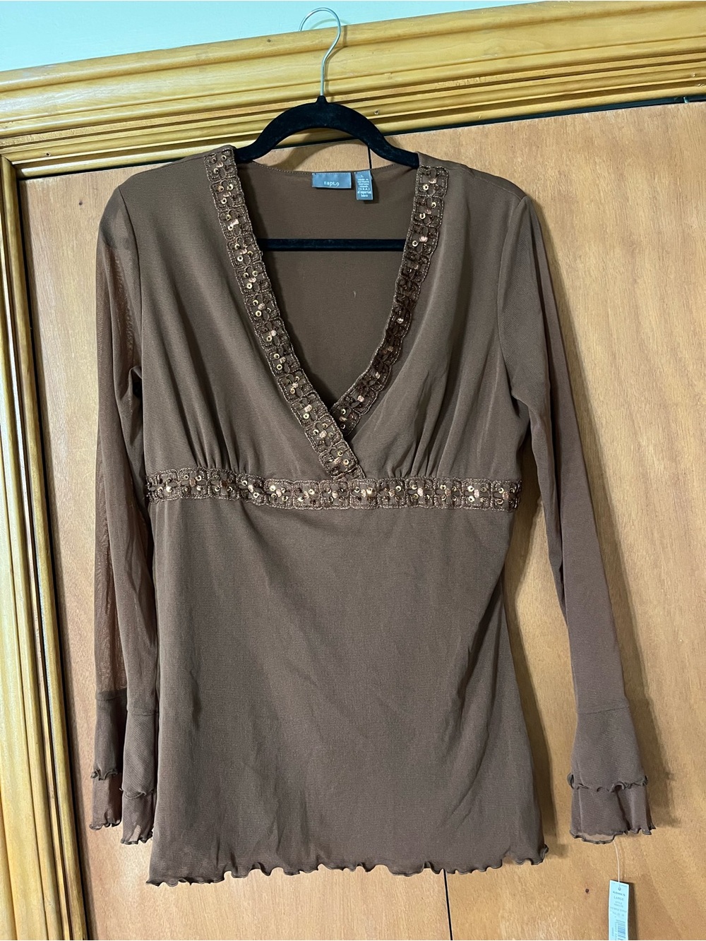 NWT Apt. 9 Embellished V-Neck Long Sleeve Top - Large